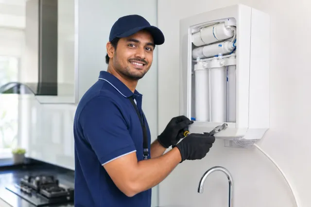 Certified Trust Flow technician servicing a water purifier at a customer's home in Bengaluru
